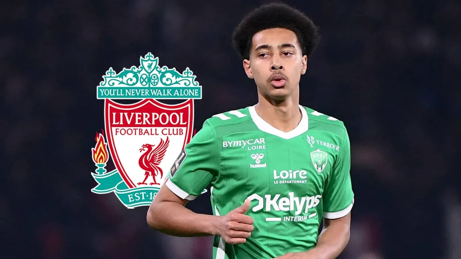 Player in green jersey with Liverpool logo background