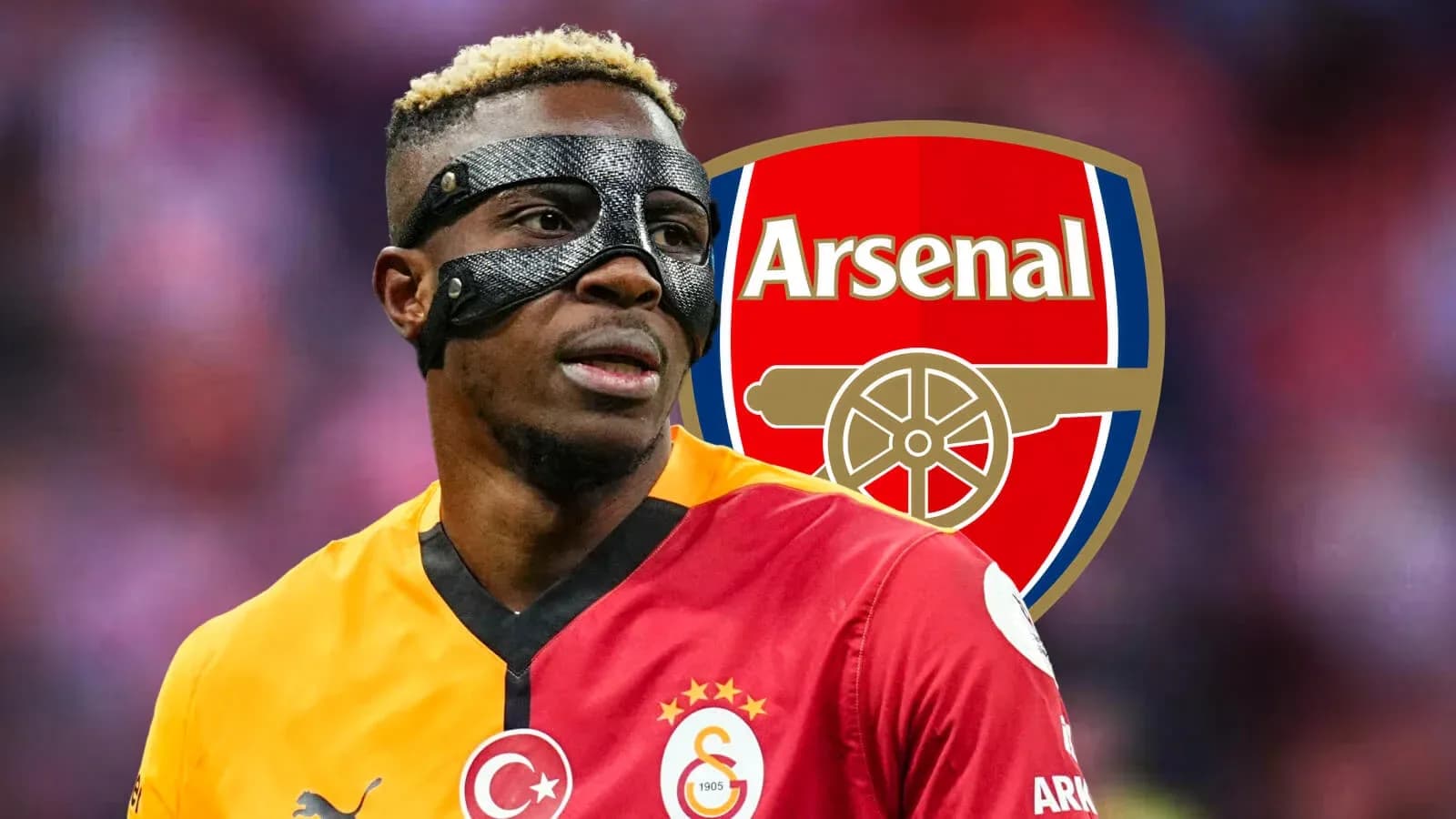 Player wearing a mask with Arsenal logo background