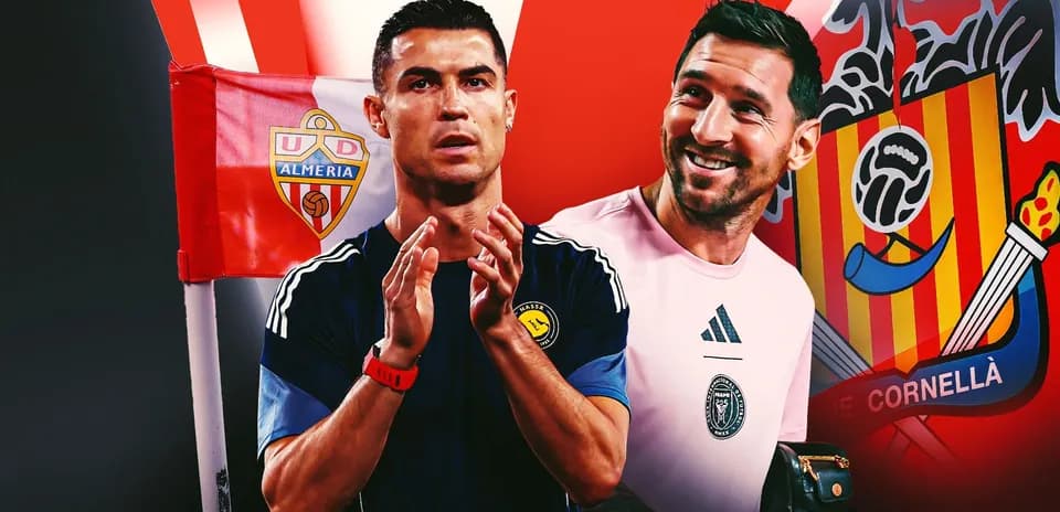 Cristiano Ronaldo and goalkeeper smiling in front of logos