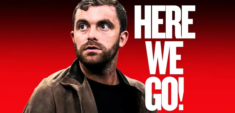 Person with text 'HERE WE GO!' on red background