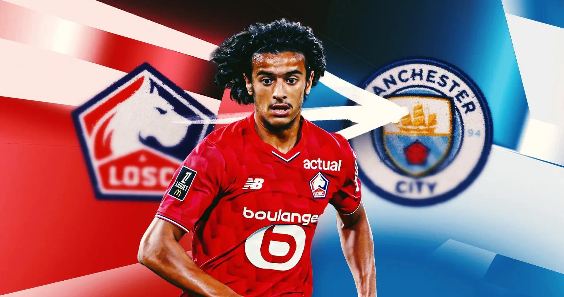 Player in LOSC jersey with Manchester City logo backdrop