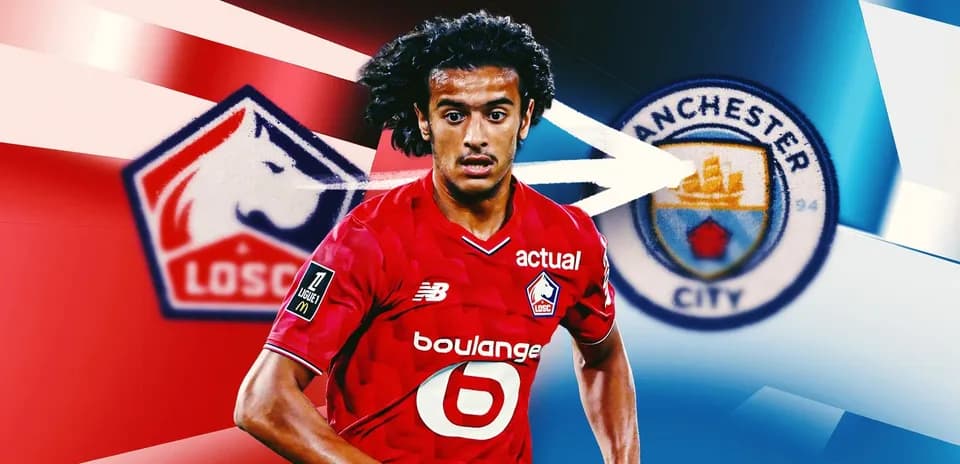 Player in LOSC jersey with Manchester City logo backdrop