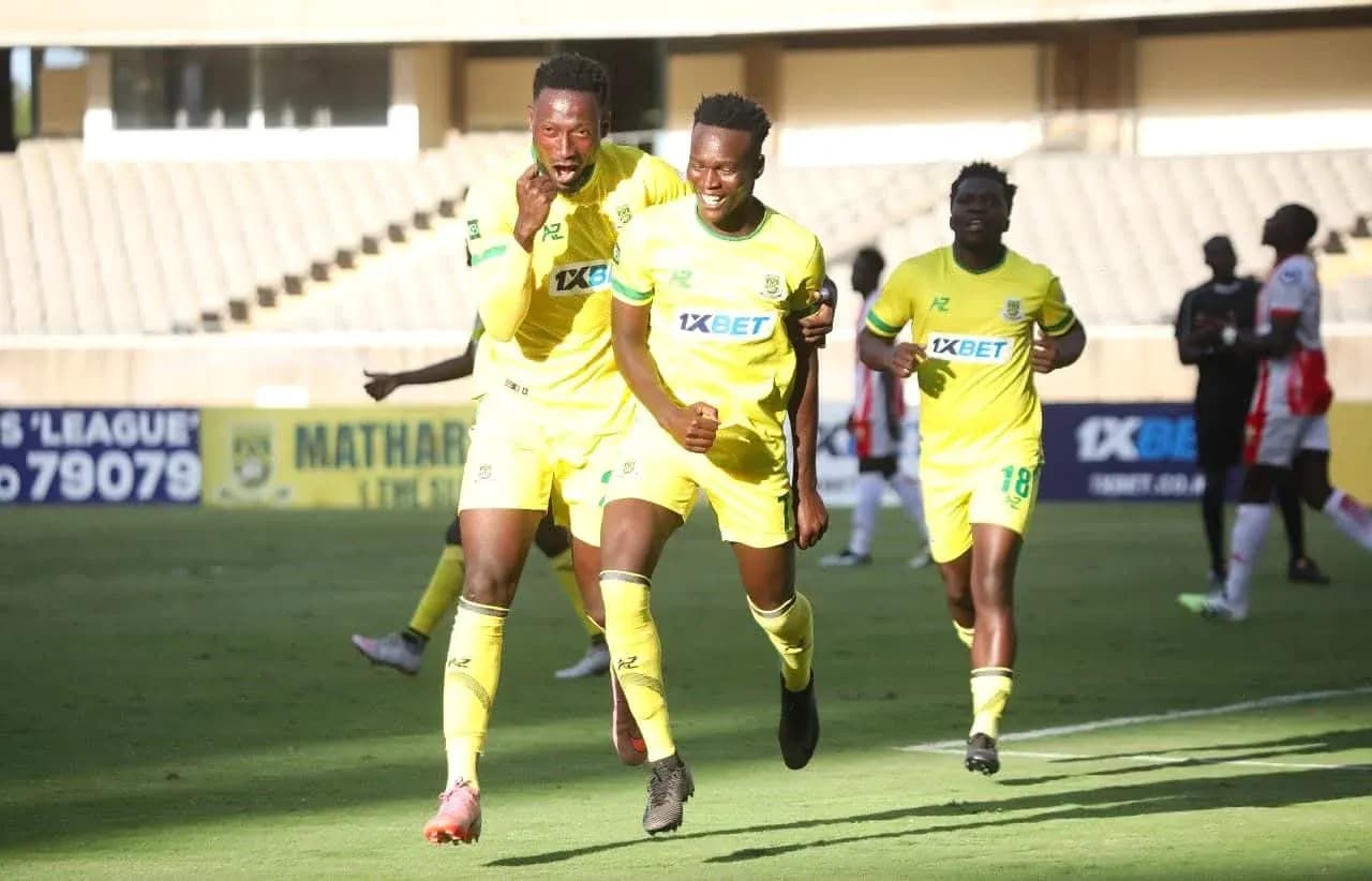 Players celebrating a goal during Mathare United match