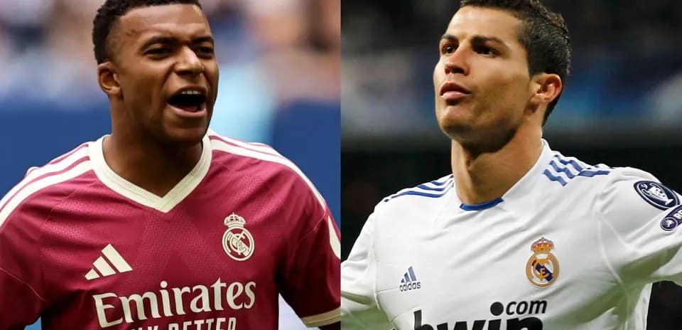Kylian Mbappé and Cristiano Ronaldo in team jerseys