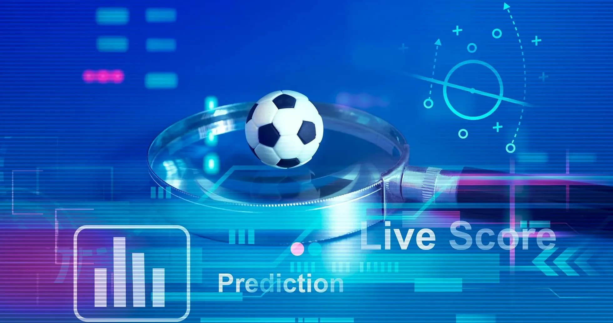 Magnifying glass over a soccer ball with data visuals