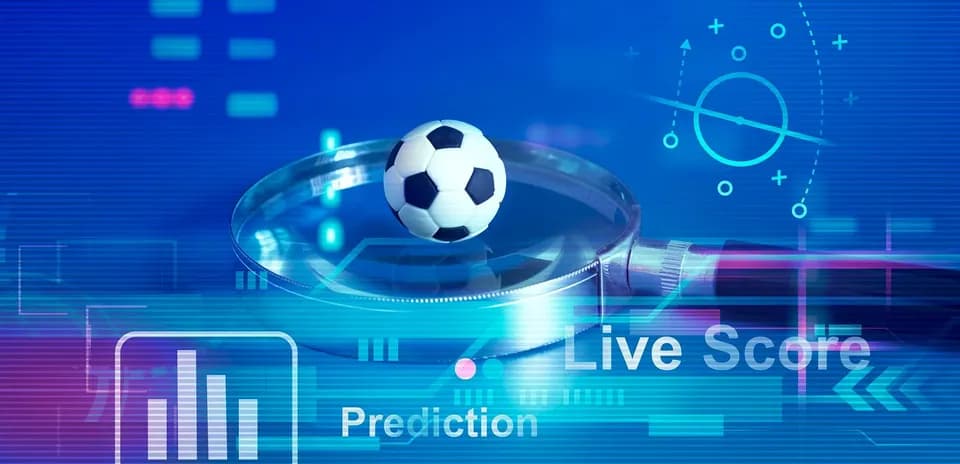 Magnifying glass over a soccer ball with data visuals