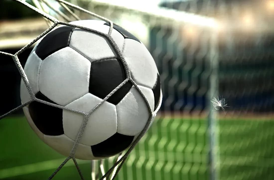 Soccer ball in the net after scoring a goal