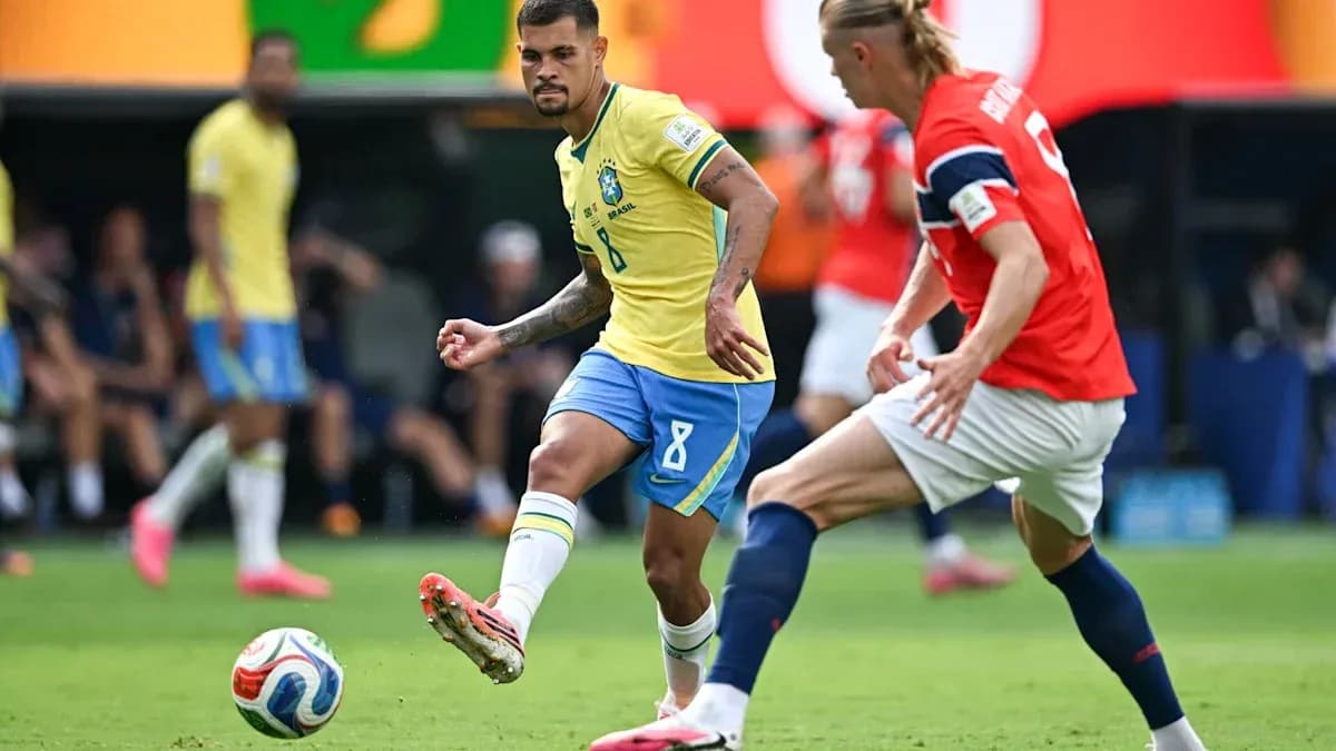 Brazilian player dribbling past opponent during match