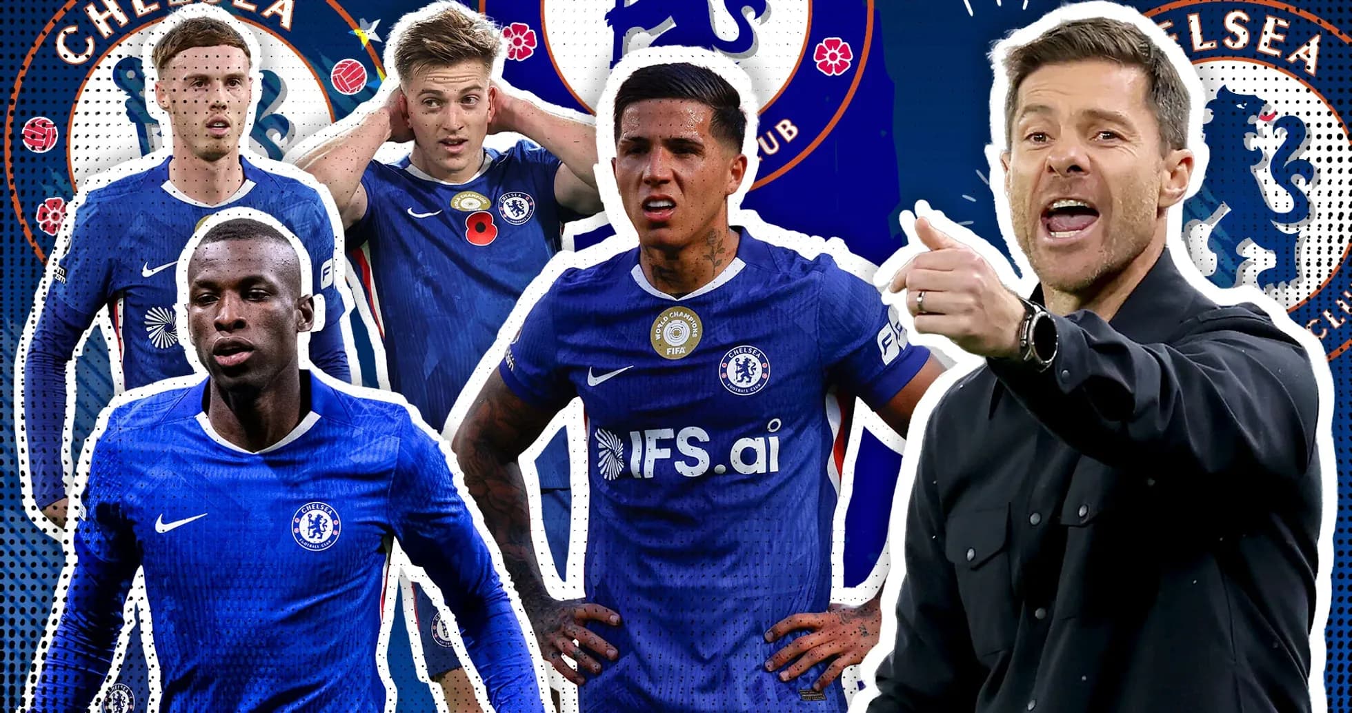 Chelsea players and coach in dynamic team graphic
