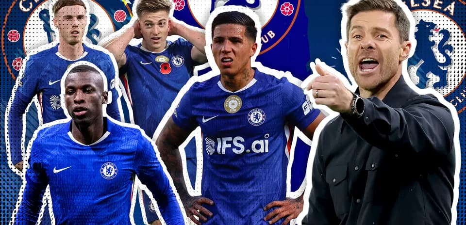 Chelsea players and coach in dynamic team graphic
