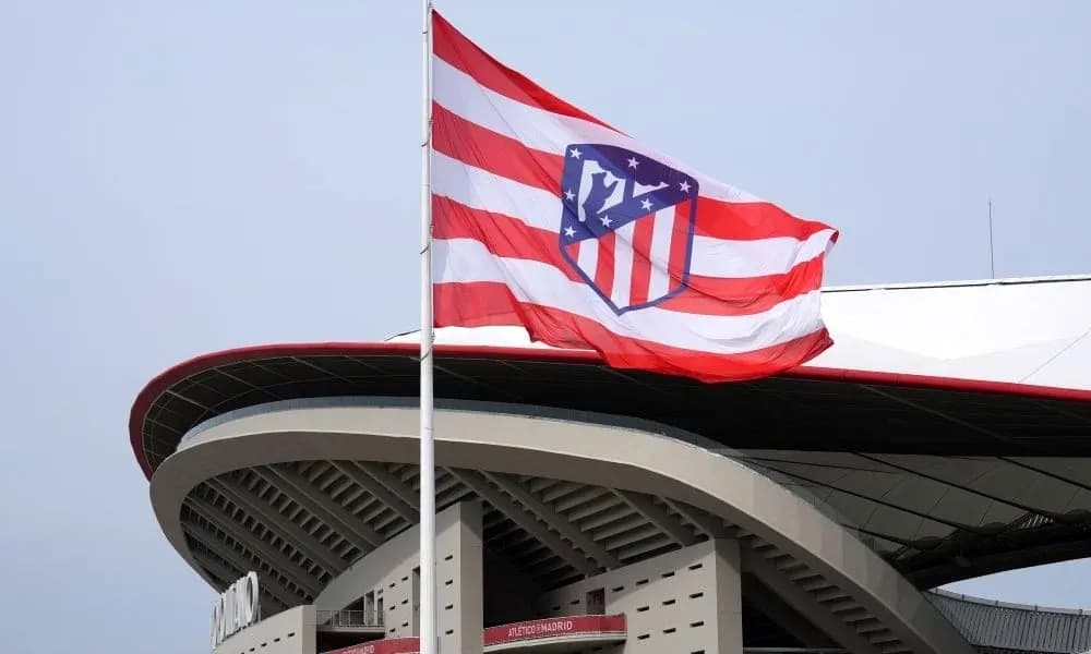 Atletico Madrid flag waving outside stadium