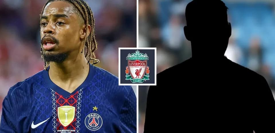 Player in PSG kit with Liverpool logo background