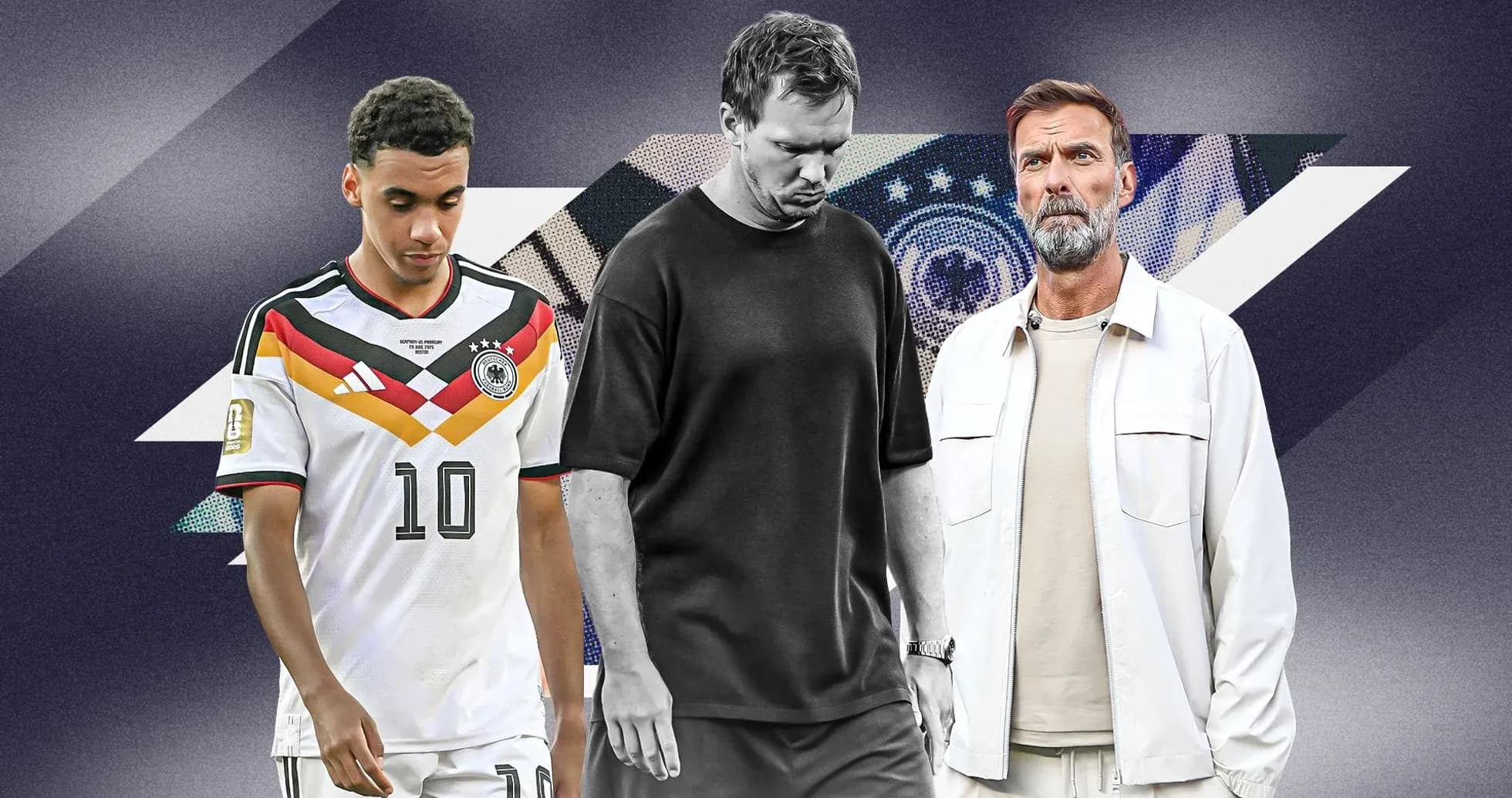 Three individuals in soccer jerseys and casual wear