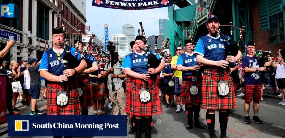 Bagpipe band marching outside Fenway Park entrance