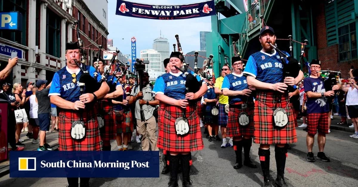 Bagpipe band marching outside Fenway Park entrance