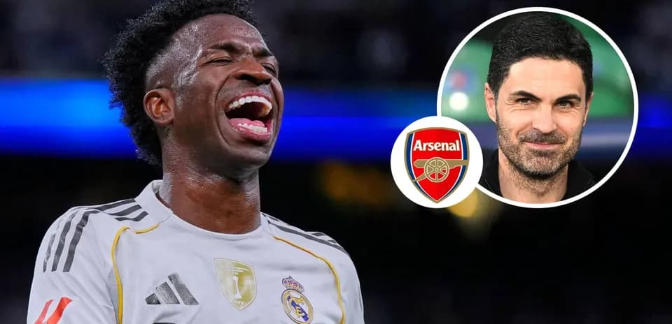 Vinicius Jr. celebrating with Arsenal logo and Mikel Arteta
