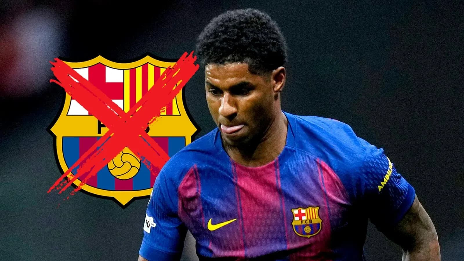 Player in Barcelona kit with crossed-out logo
