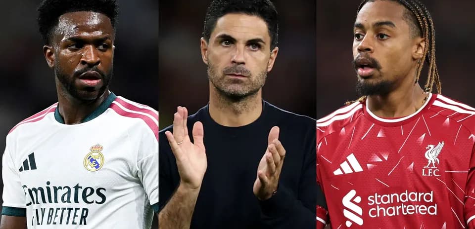 Three football players and a coach in team kits