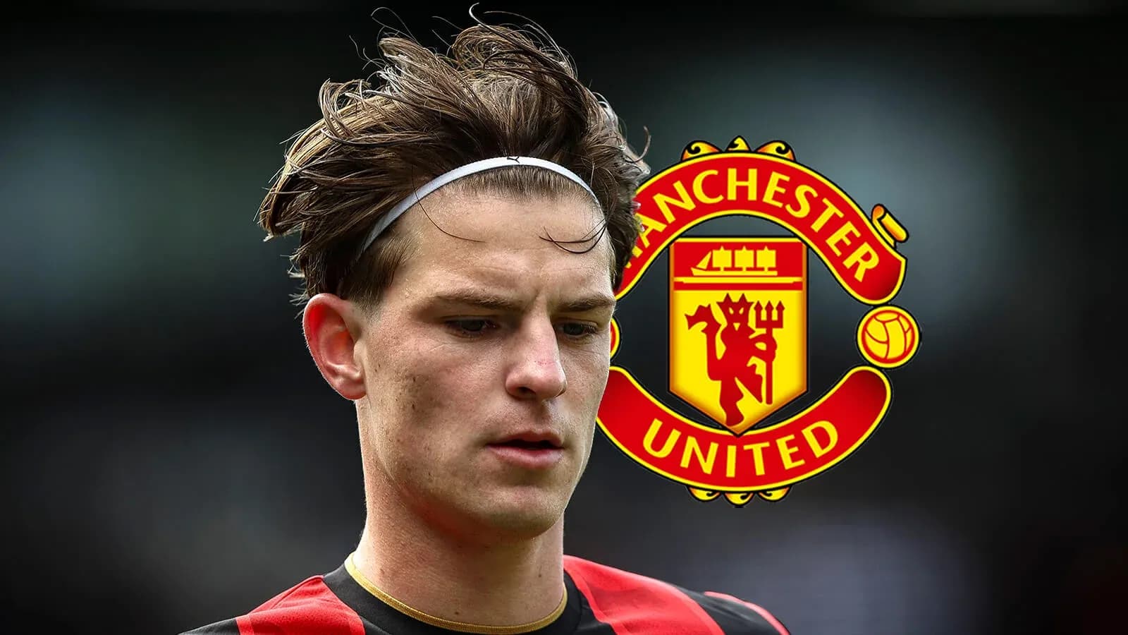 Player in red and black kit near Manchester United logo
