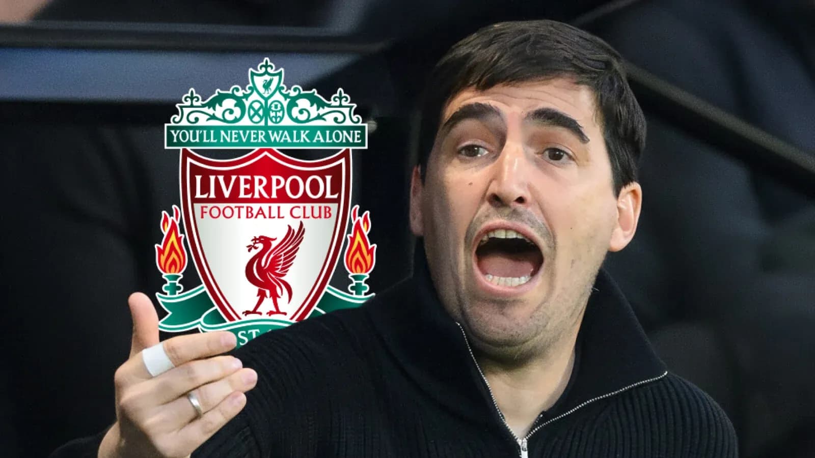 Coach gesturing passionately near Liverpool FC logo