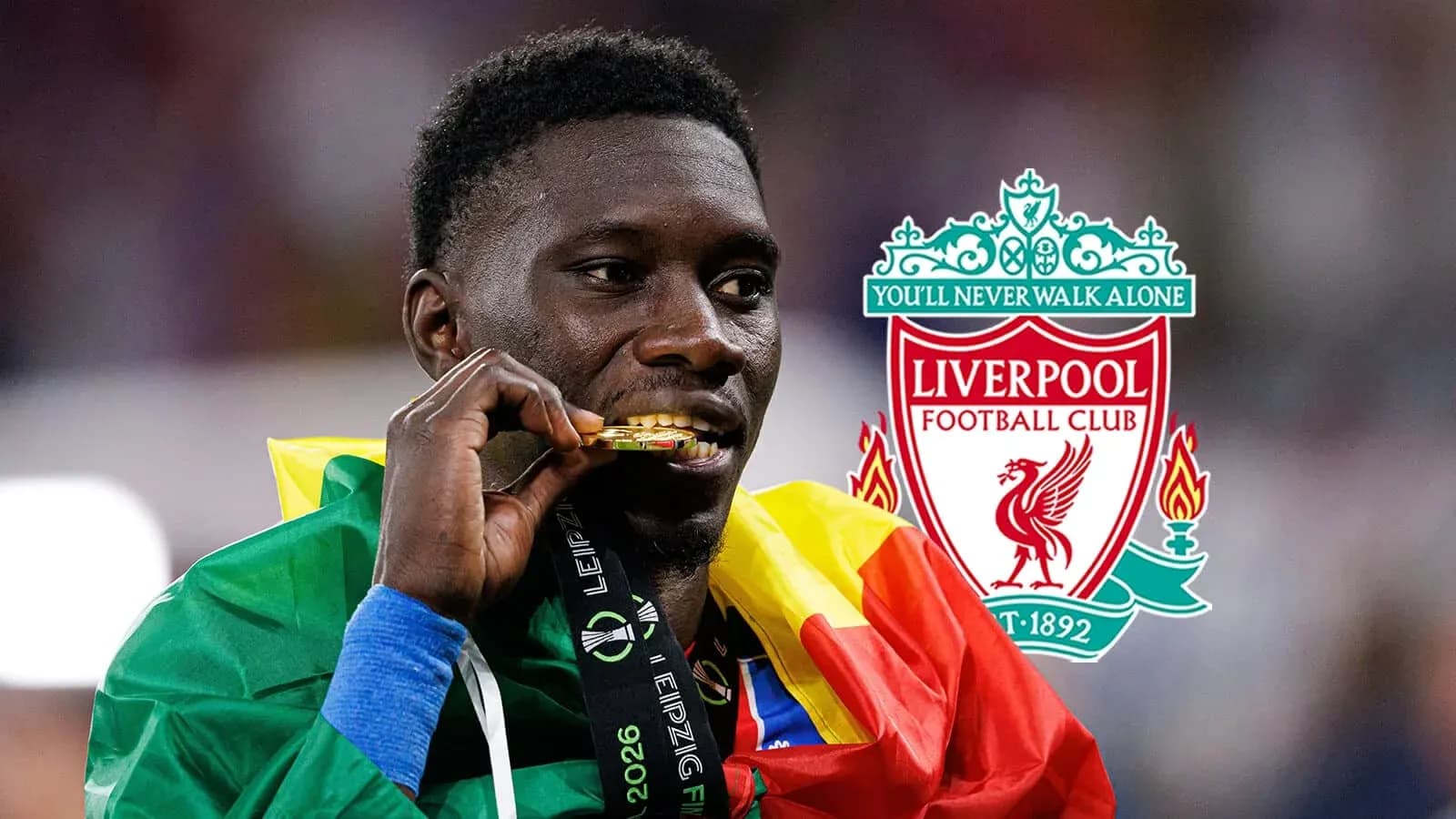 Player celebrating with gold medal and national flag