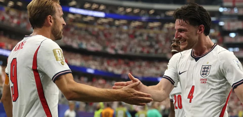 Harry Kane and Declan Rice celebrating a goal
