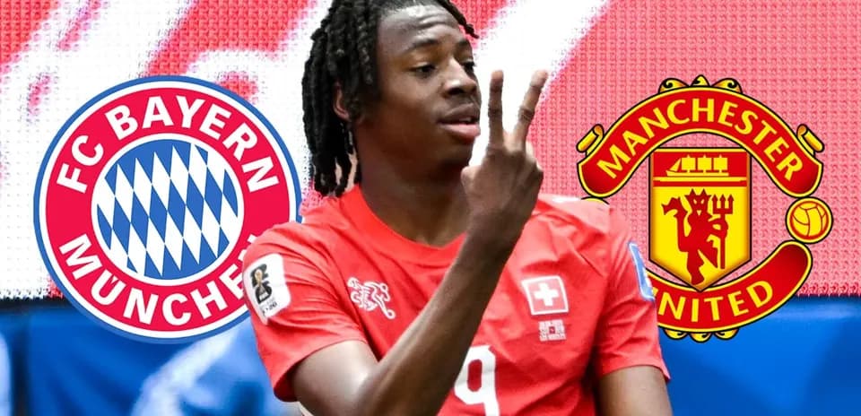 Player celebrating with Bayern Munich and Manchester United logos