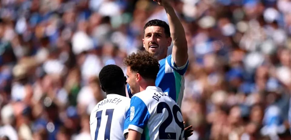 Brighton players celebrating a goal during match