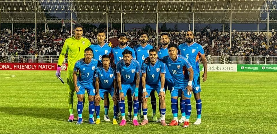 Indian national football team posing for a photo