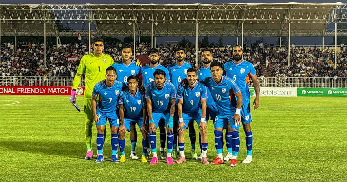 Indian national football team posing for a photo