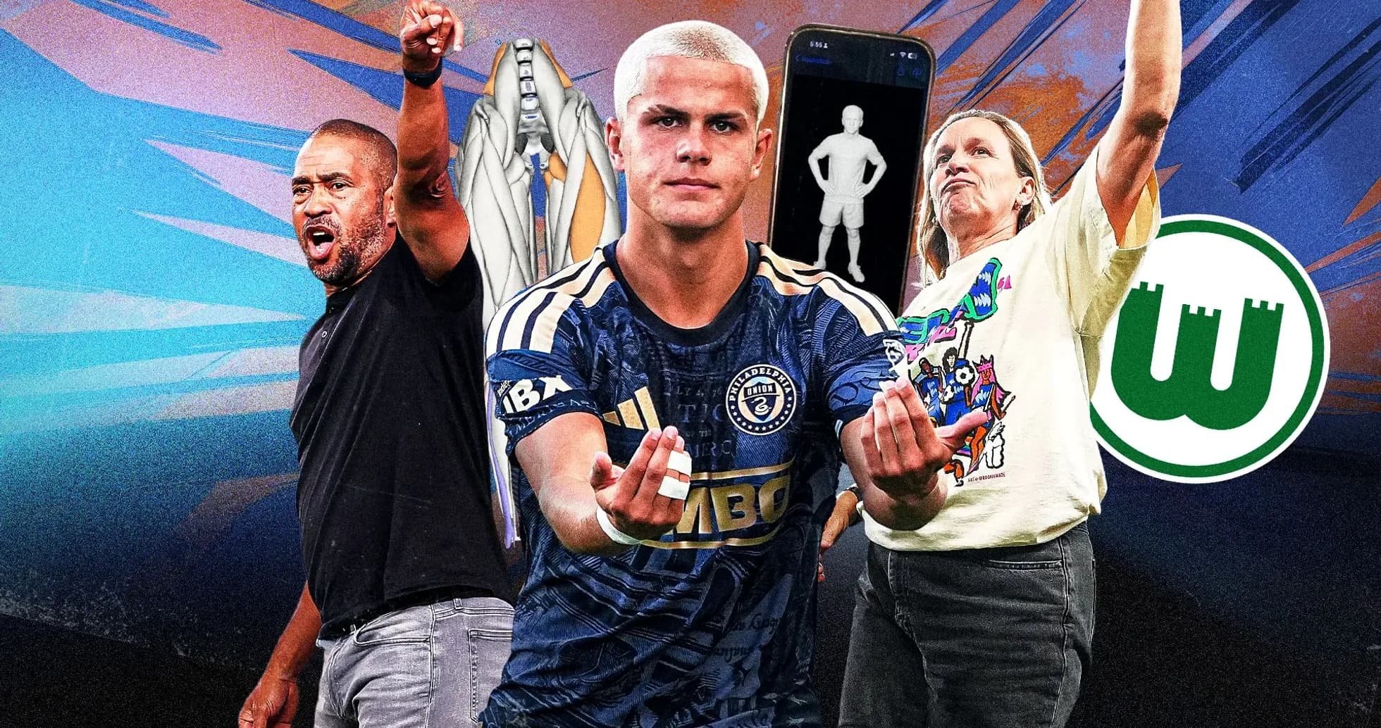 Three individuals celebrating in sports-themed graphic