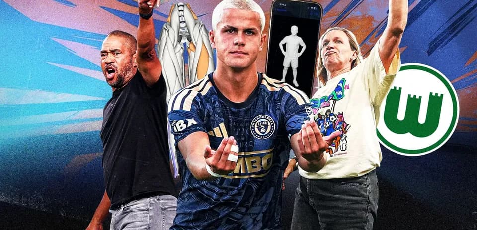 Three individuals celebrating in sports-themed graphic
