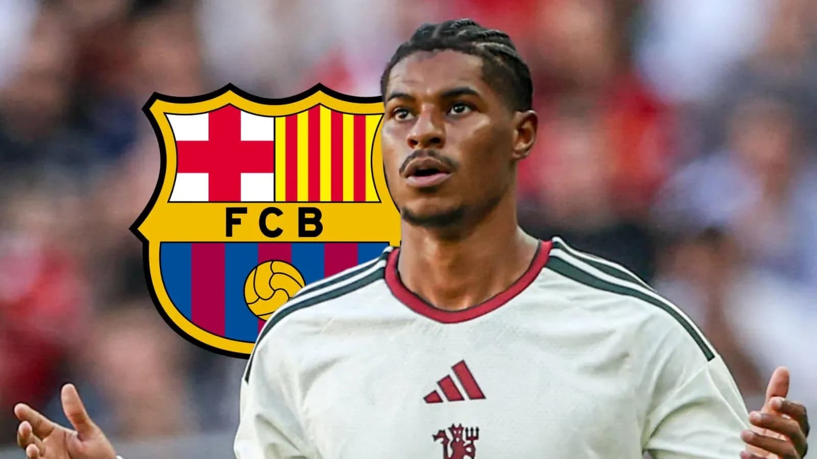 Player gesturing with FC Barcelona logo in background