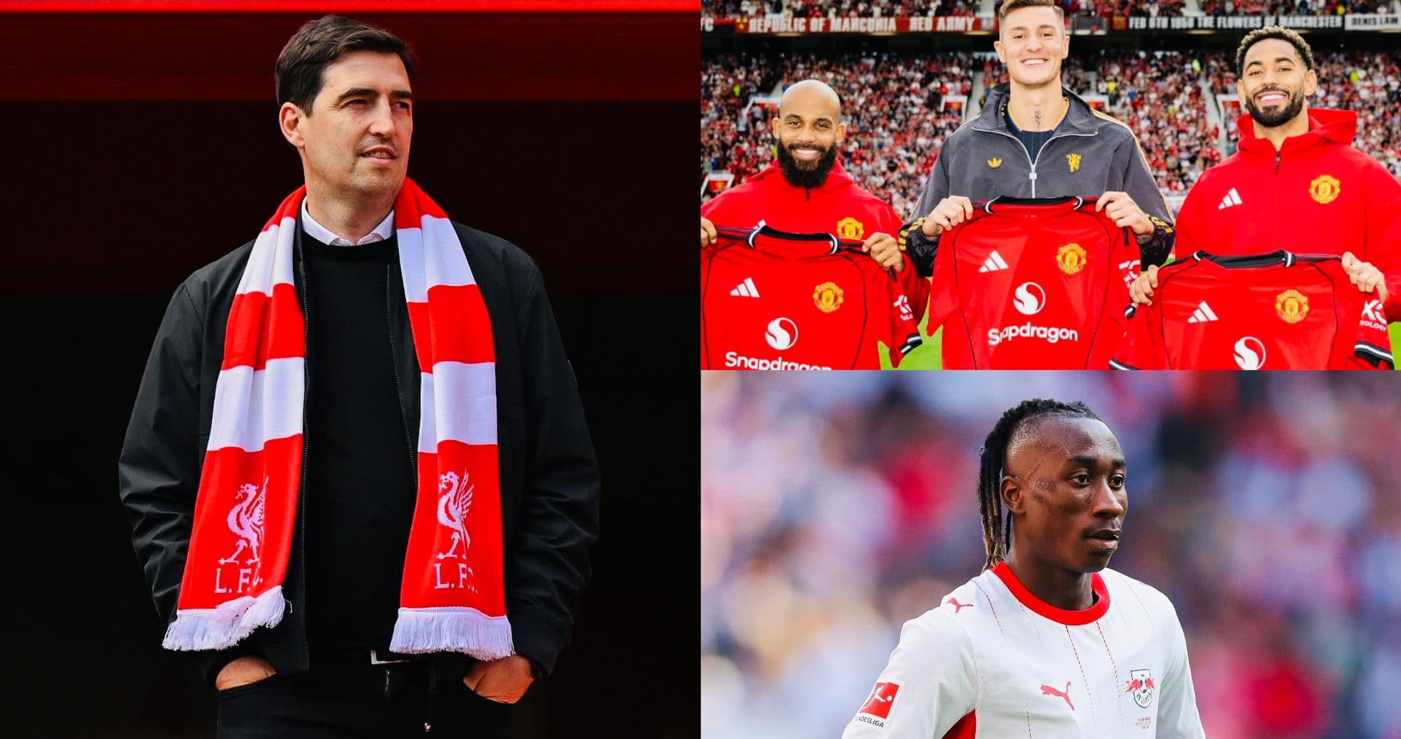 Three images: Manager with Liverpool scarf, Manchester United players, RB Leipzig player