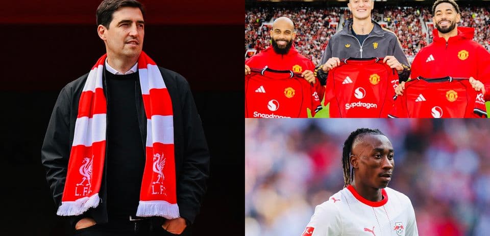 Three images: Manager with Liverpool scarf, Manchester United players, RB Leipzig player