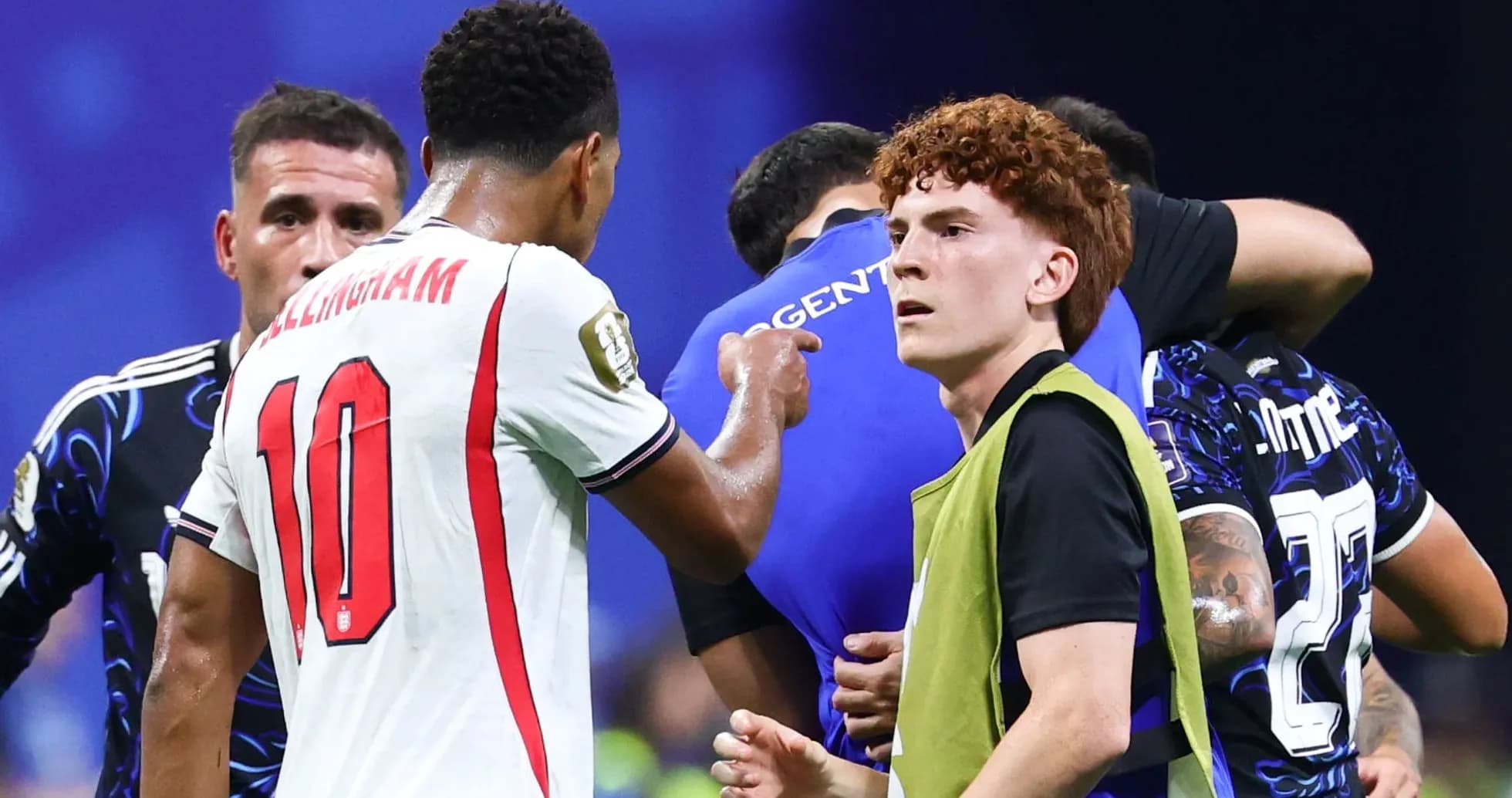 Players interacting during a football match moment
