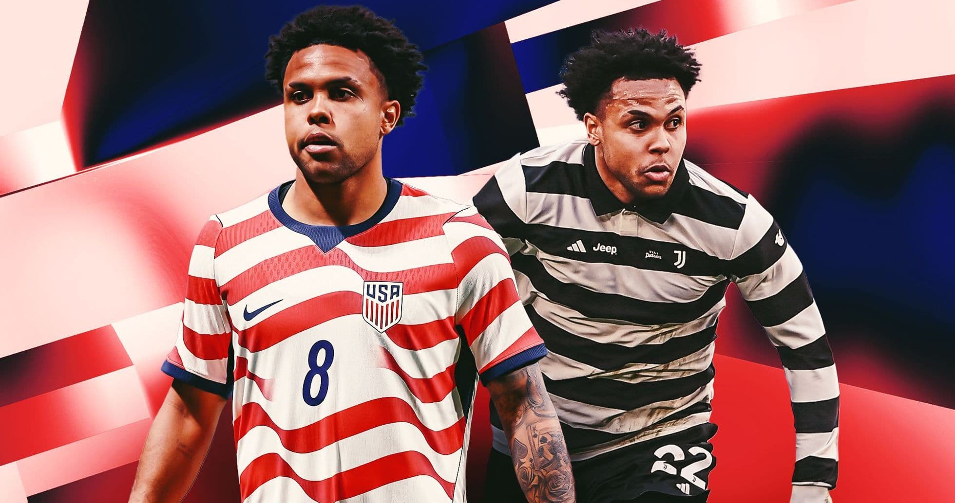 Player in USA and Juventus jerseys posing together