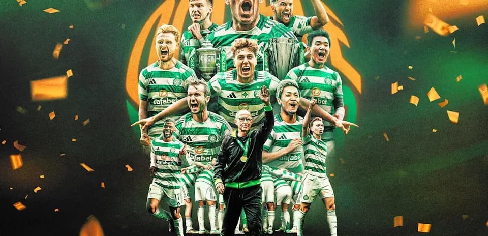Celtic players celebrating with trophies and confetti