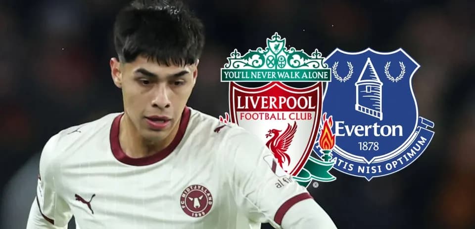 Player in action with club logos of Liverpool and Everton