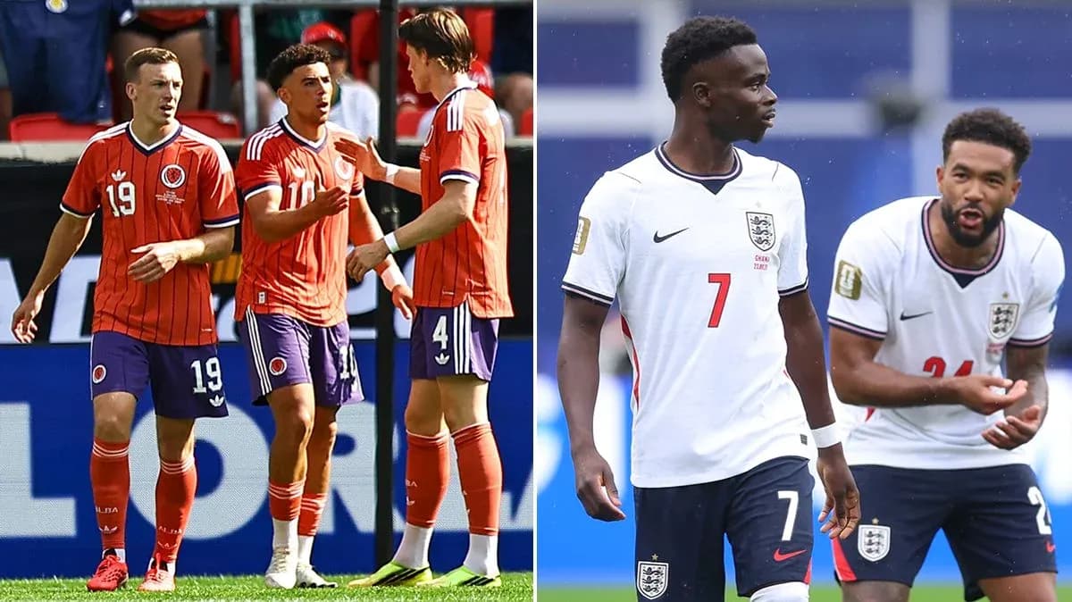 Colombia and England players discussing during match