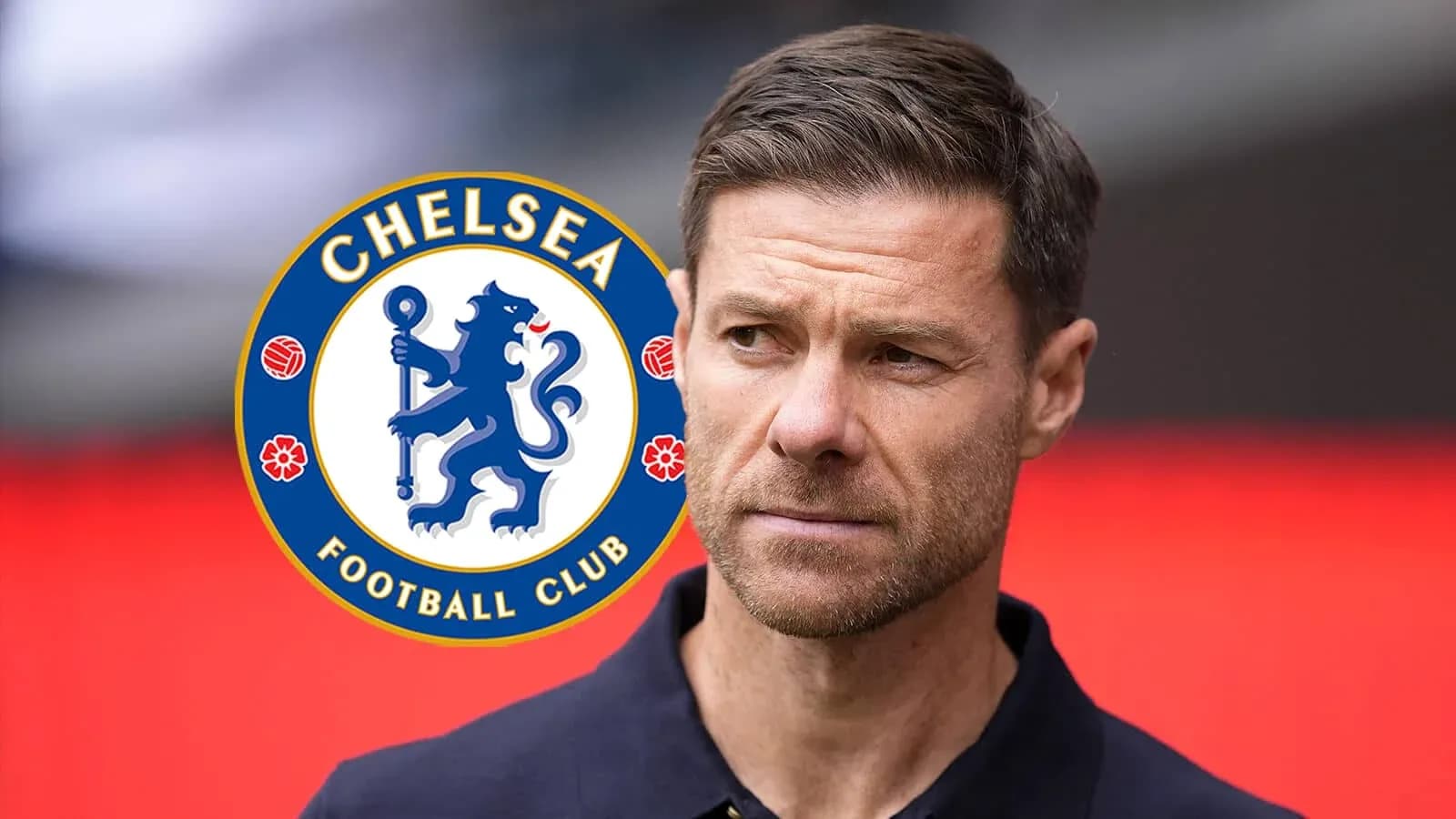 Man in front of Chelsea Football Club logo
