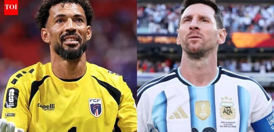 Goalkeeper and player from opposing teams during match