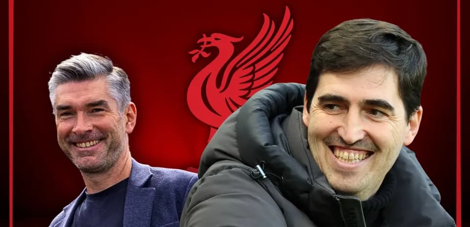 Two smiling football coaches with Liverpool logo background