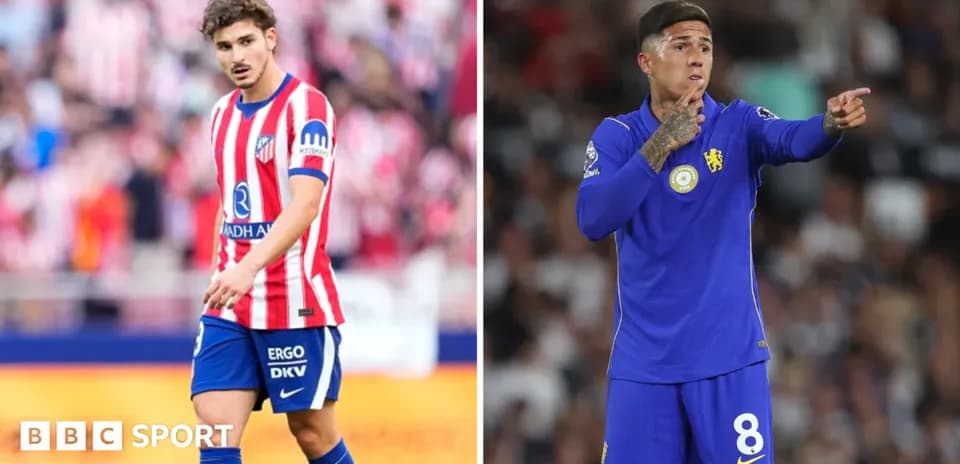 Two football players in action, one for Atletico Madrid, one for Chelsea