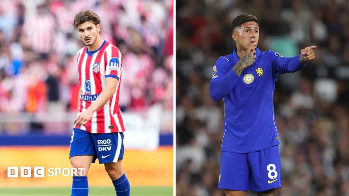 Two football players in action, one for Atletico Madrid, one for Chelsea
