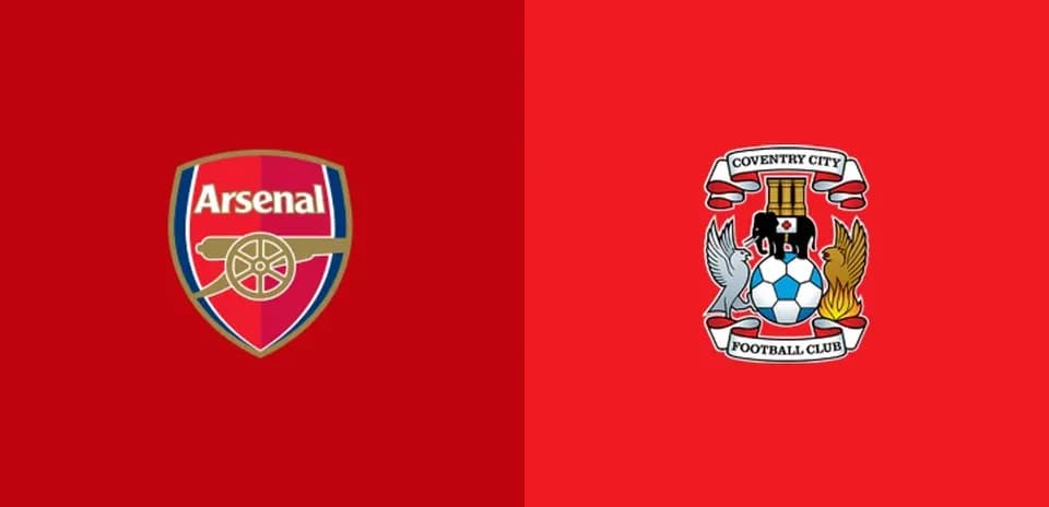 Logos of Arsenal and Coventry City on red background