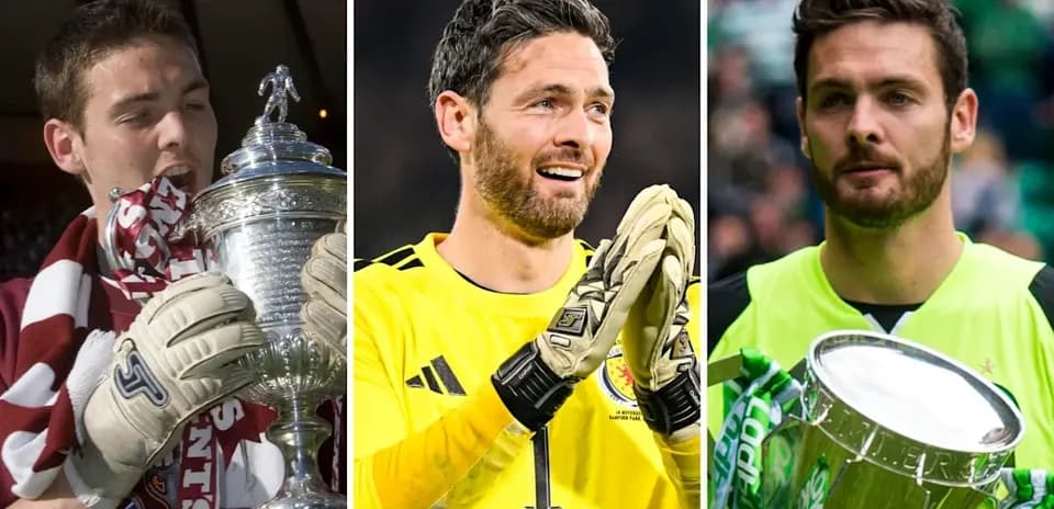 Three goalkeepers holding trophies in various poses