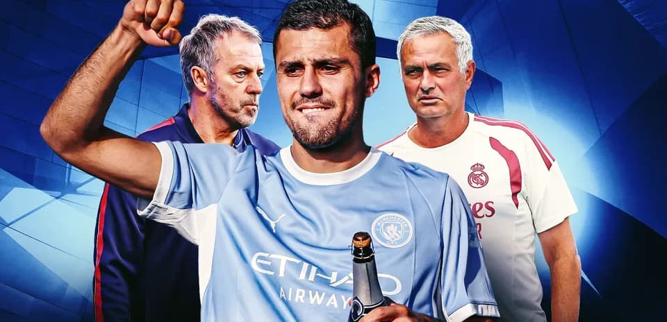 Three football figures with Manchester City and Real Madrid logos