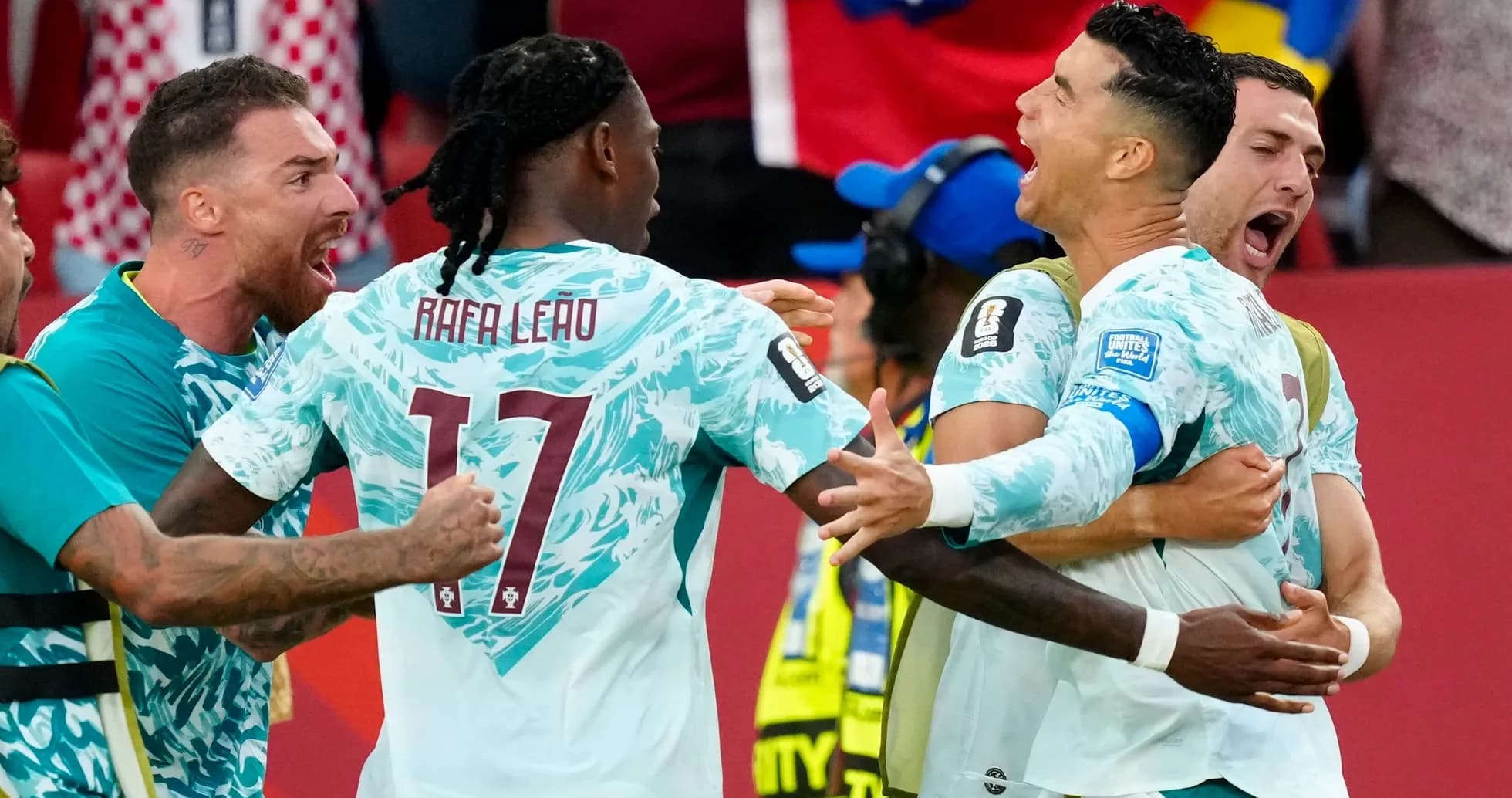 Portugal players celebrating a goal against Croatia