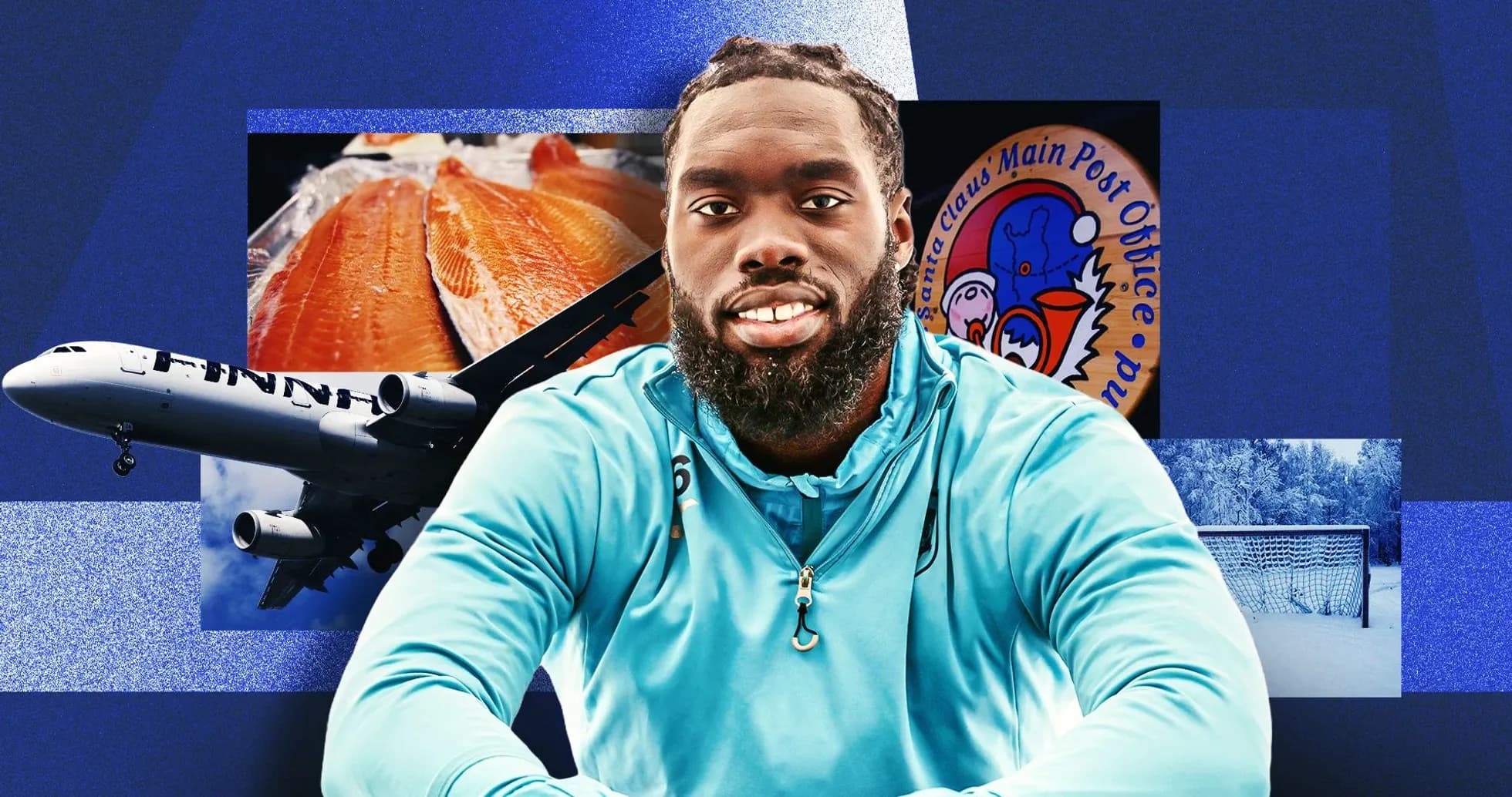 Athlete posing with various themed background images